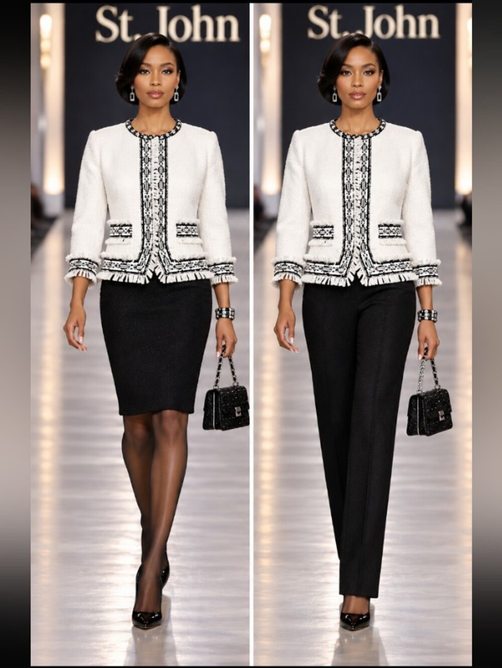 St. John Knit 0 2 4 White Black Boucle Fringe Jacket Santana Knit Skirt Set Suit - Picture 15 of 15